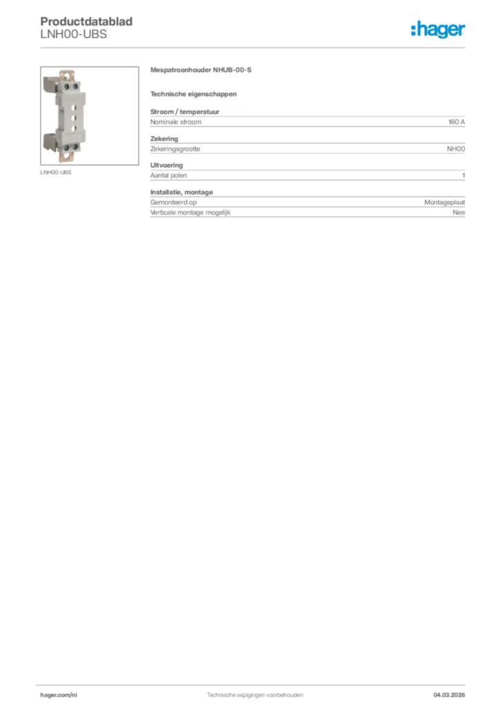 Afbeelding Hager Productdatablad LNH00-UBS | Hager Nederland