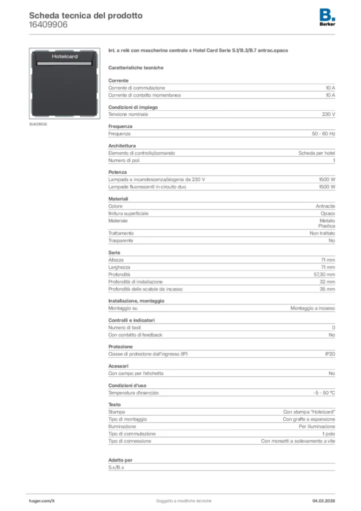 Immagine Berker Scheda tecnica del prodotto 16409906 | Hager Italia