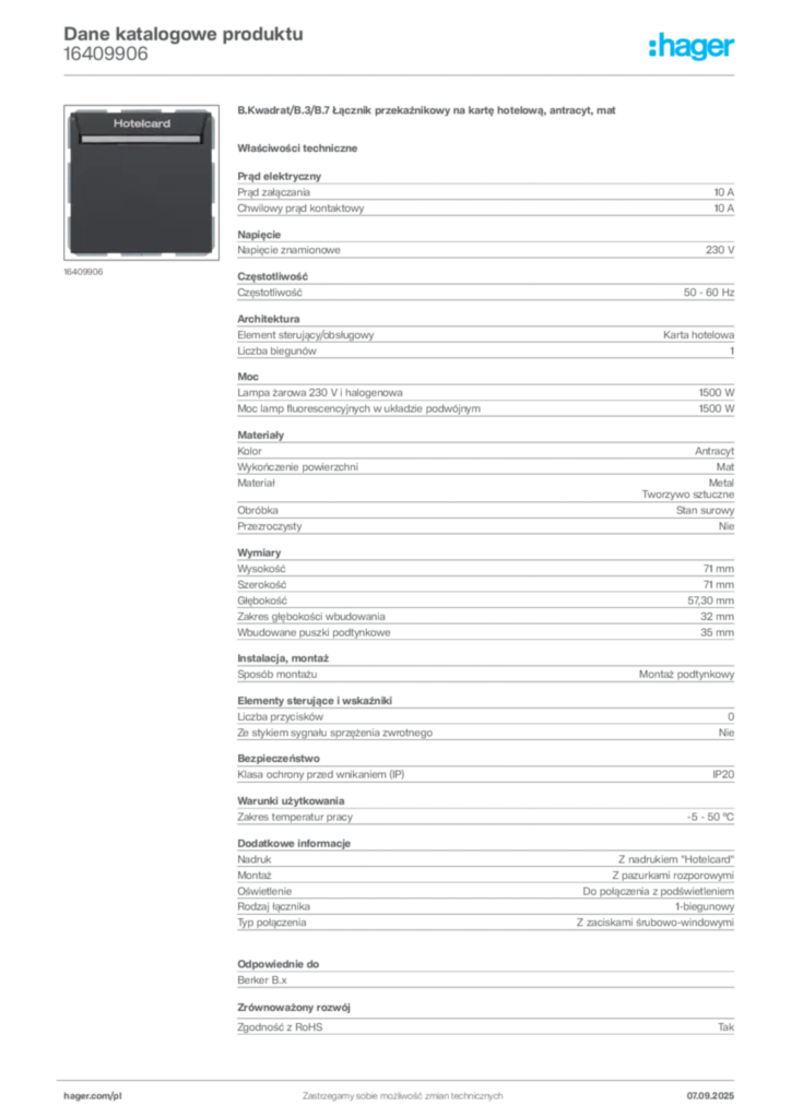 Zdjęcie Hager Dane katalogowe produktu 16409906 | Hager Polska