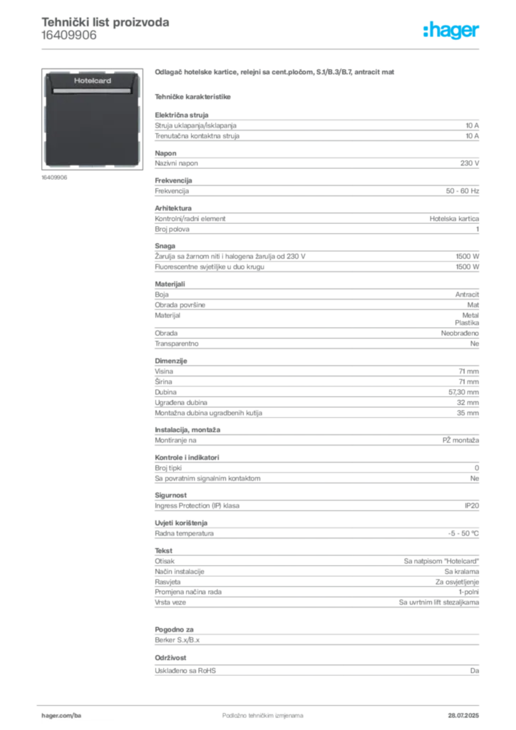 Slika Hager Product data sheet 16409906  | Hager