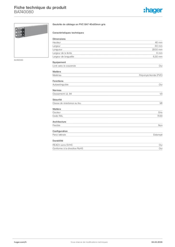 Image Hager Fiche technique du produit BA740080 | Hager France