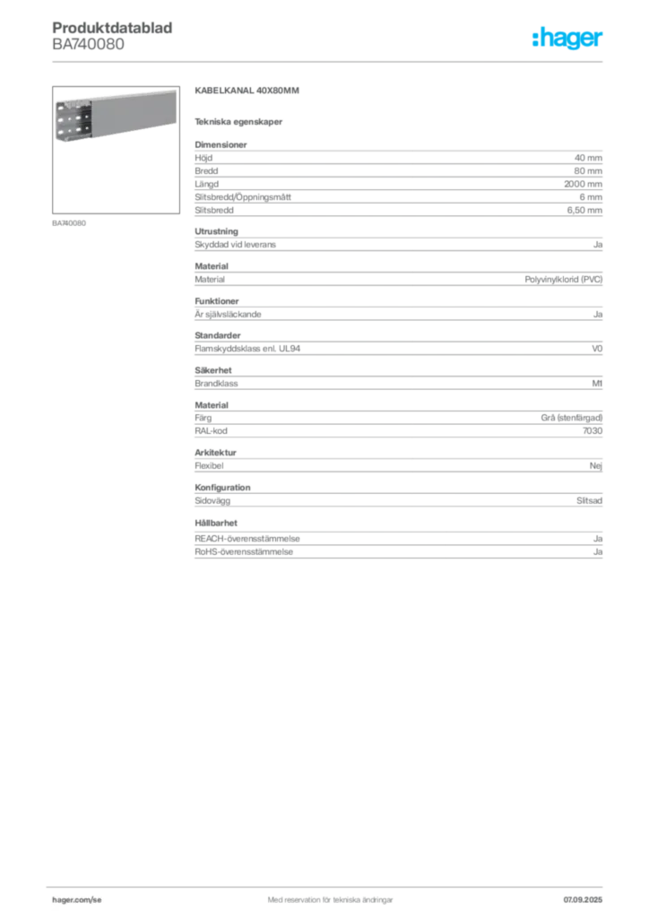 Bild Hager Produktdatablad BA740080 | Hager Sverige