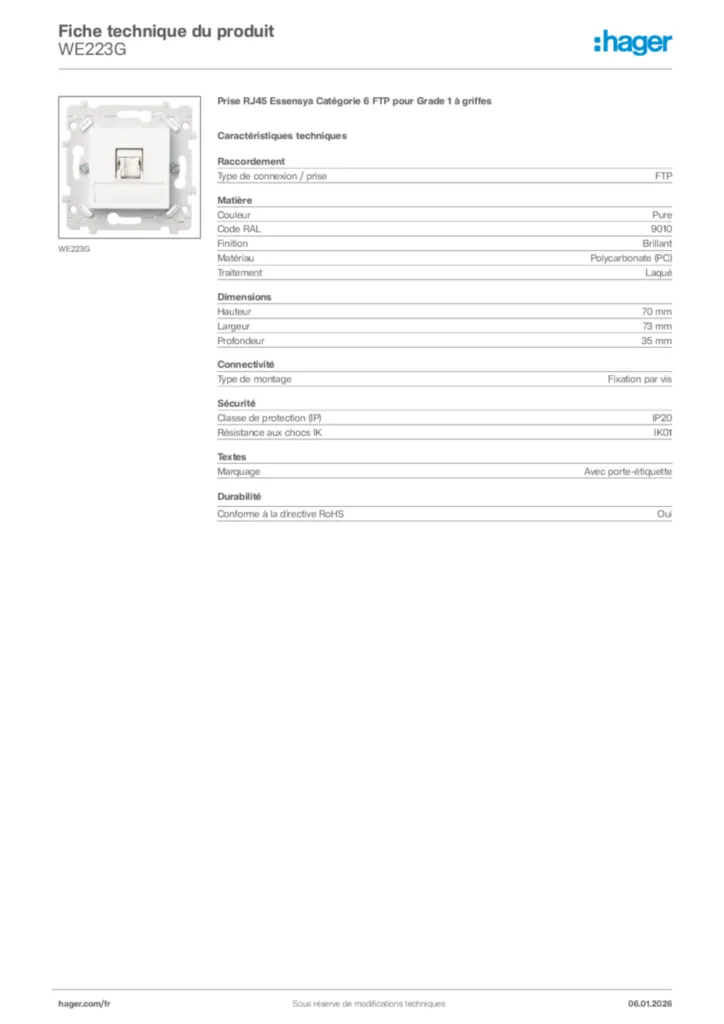 Image Hager Fiche technique du produit WE223G | Hager France