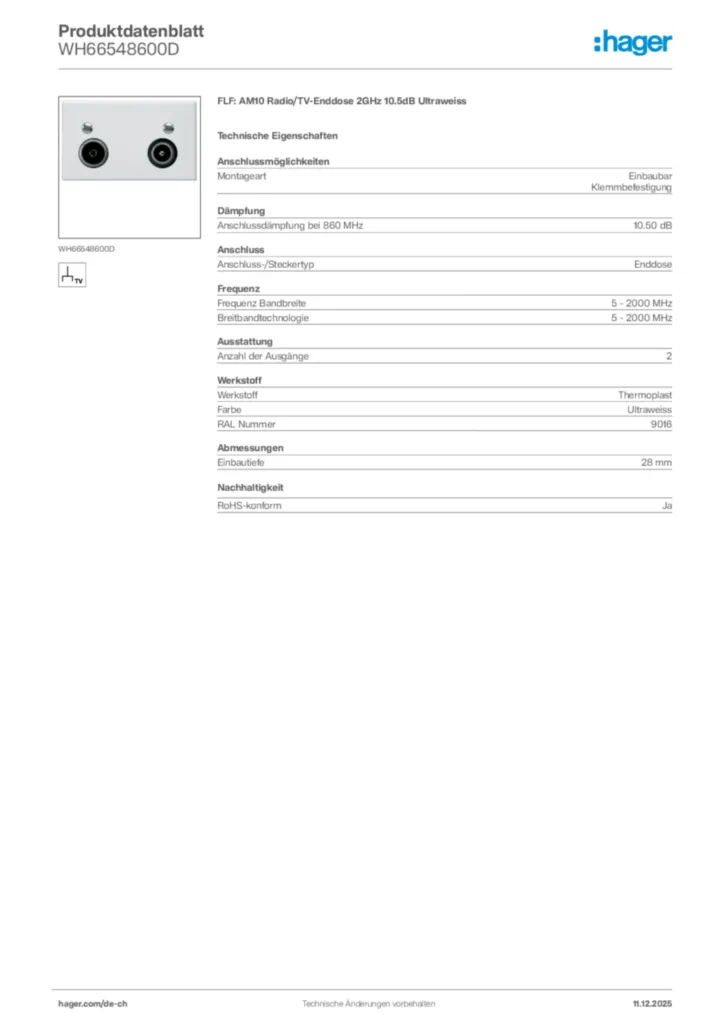 Bild Hager Produktdatenblatt WH66548600D | Hager Schweiz