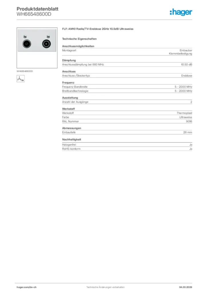 Bild Hager Produktdatenblatt WH66548600D | Hager Schweiz