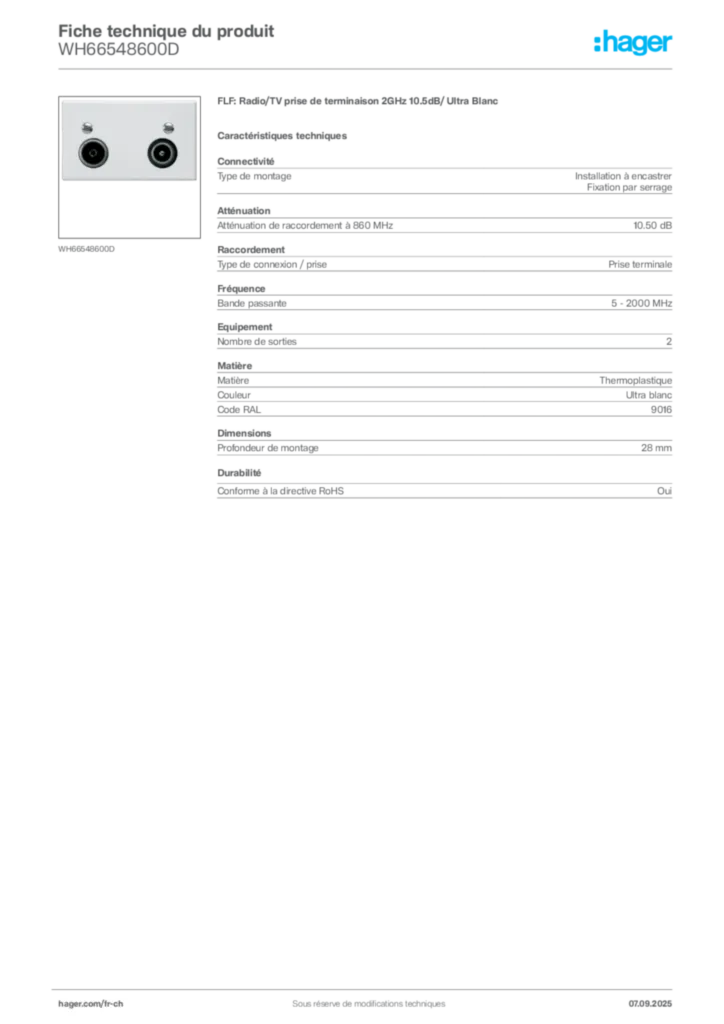 Image Hager Fiche technique du produit WH66548600D | Hager Suisse