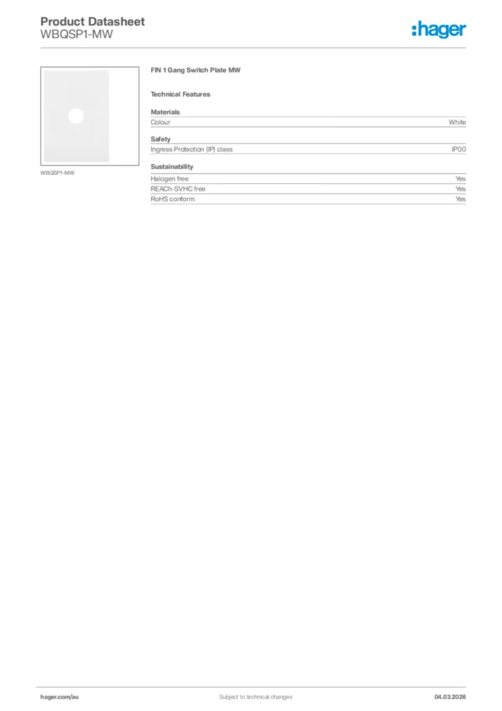 Image Hager Product data sheet WBQSP1-MW  | Hager Australia