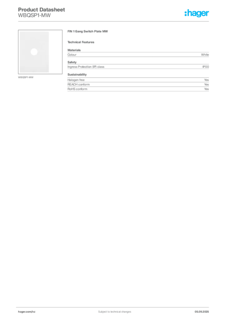 Image Hager Product data sheet WBQSP1-MW  | Hager New Zealand