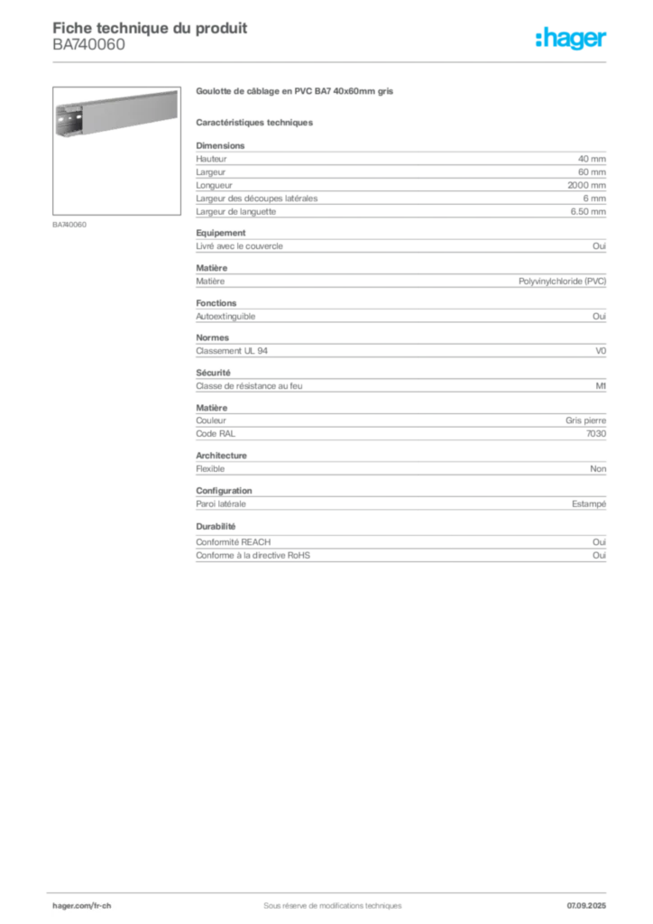 Image Hager Fiche technique du produit BA740060 | Hager Suisse
