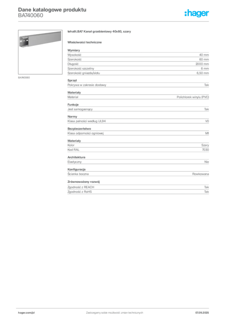 Zdjęcie Hager Dane katalogowe produktu BA740060 | Hager Polska