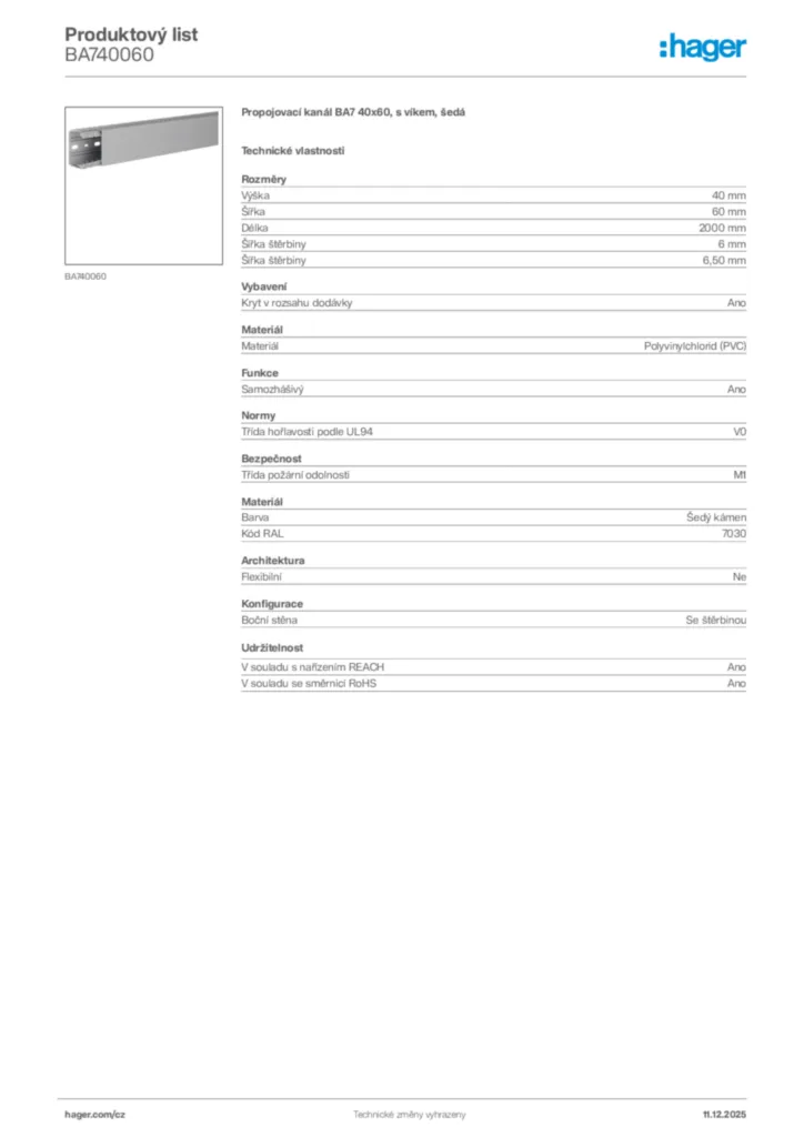 Obrázek Hager Produktový list BA740060 | Hager