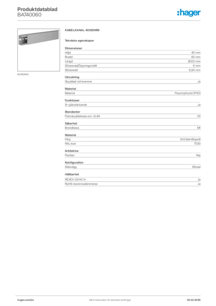 Bild Hager Produktdatablad BA740060 | Hager Sverige