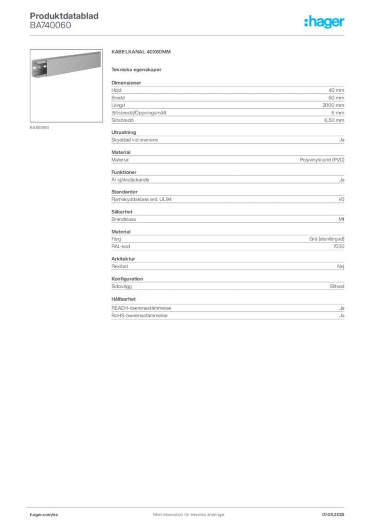 Bild Hager Produktdatablad BA740060 | Hager Sverige