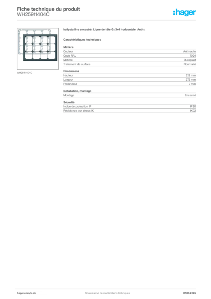 Image Hager Fiche technique du produit WH25911404C | Hager Suisse