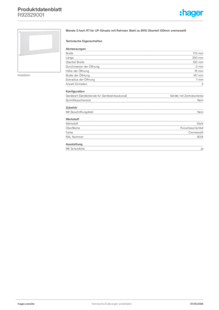 Bild Hager Produktdatenblatt R92829001 | Hager Deutschland