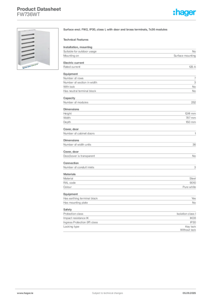Image Hager Product data sheet FW736WT  | Hager