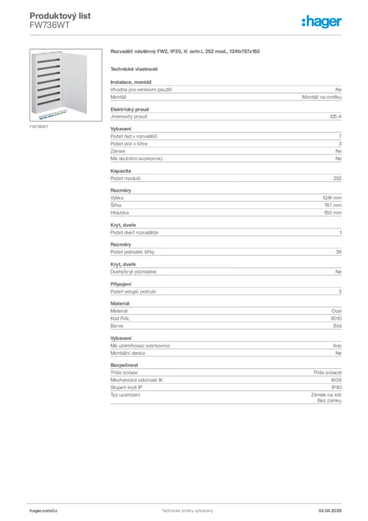 Obrázek Hager Product data sheet FW736WT | Hager