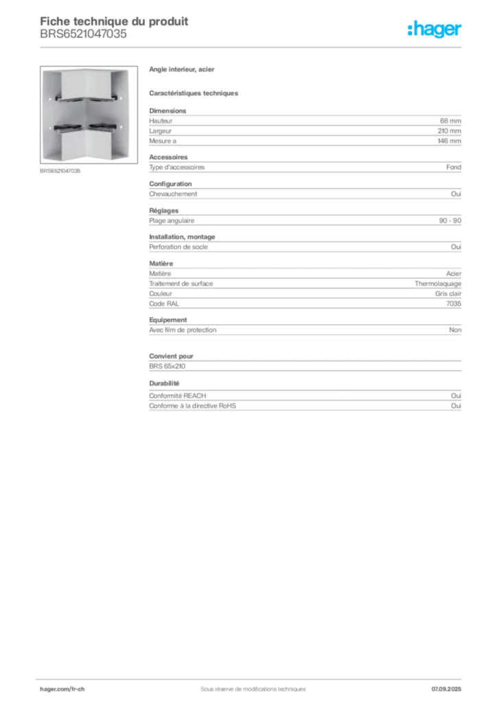 Image Hager Fiche technique du produit BRS6521047035 | Hager Suisse