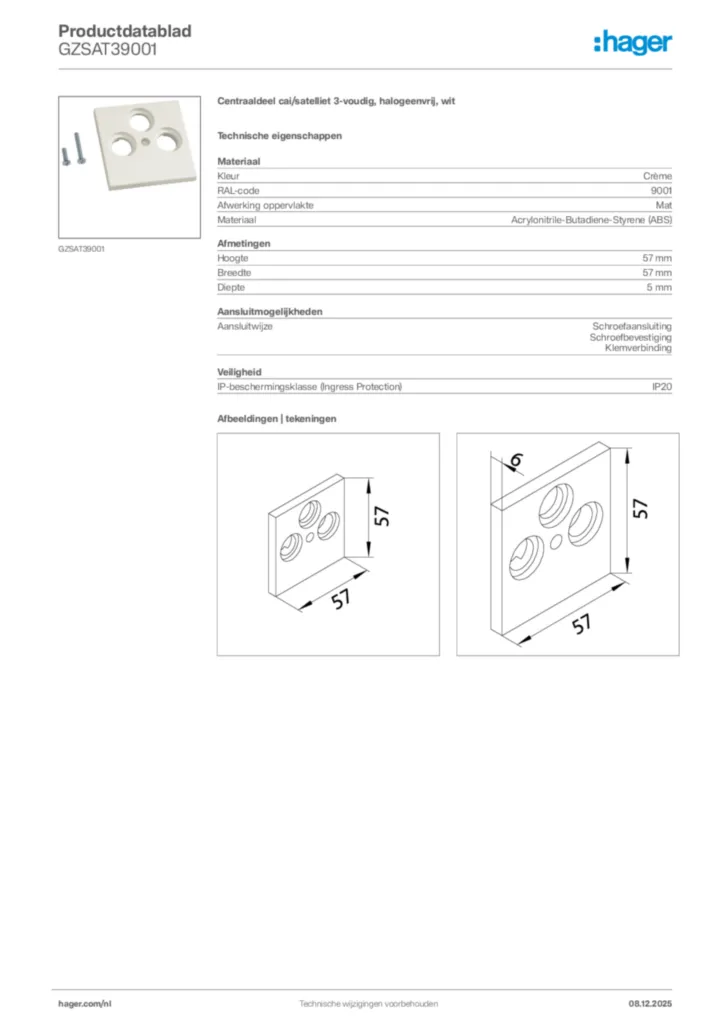 Afbeelding Hager Productdatablad GZSAT39001 | Hager Nederland