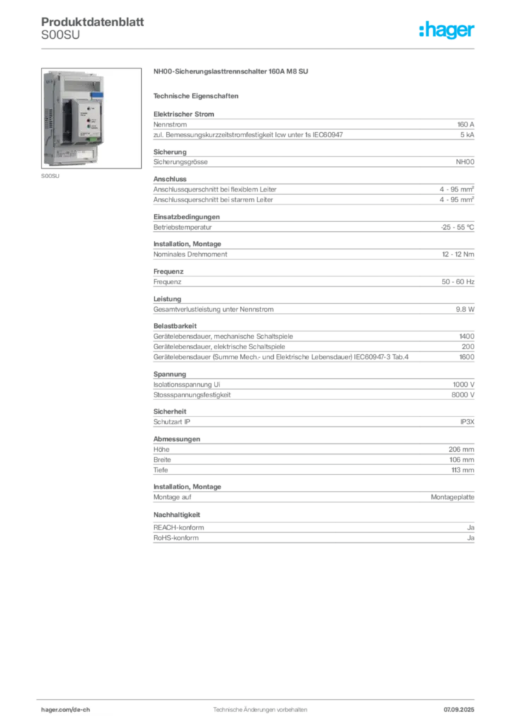 Bild Hager Produktdatenblatt S00SU | Hager Schweiz
