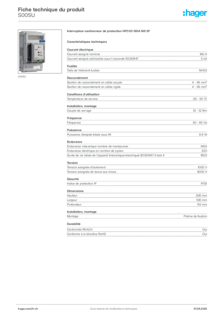 Image Hager Fiche technique du produit S00SU | Hager Suisse