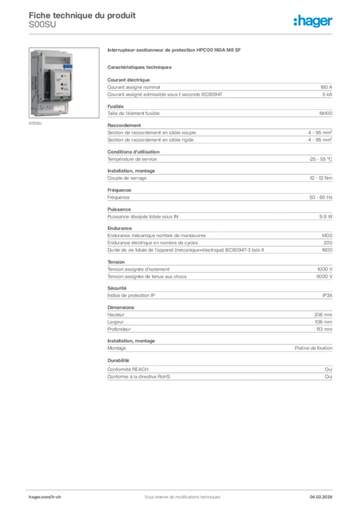 Image Hager Fiche technique du produit S00SU | Hager Suisse