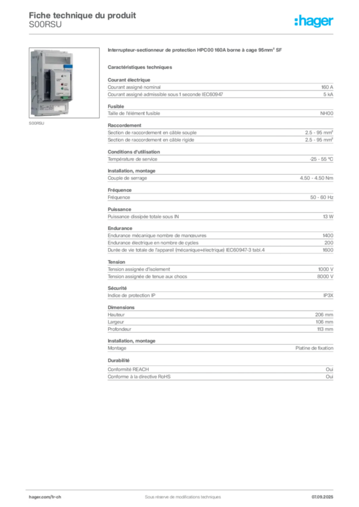 Image Hager Fiche technique du produit S00RSU | Hager Suisse