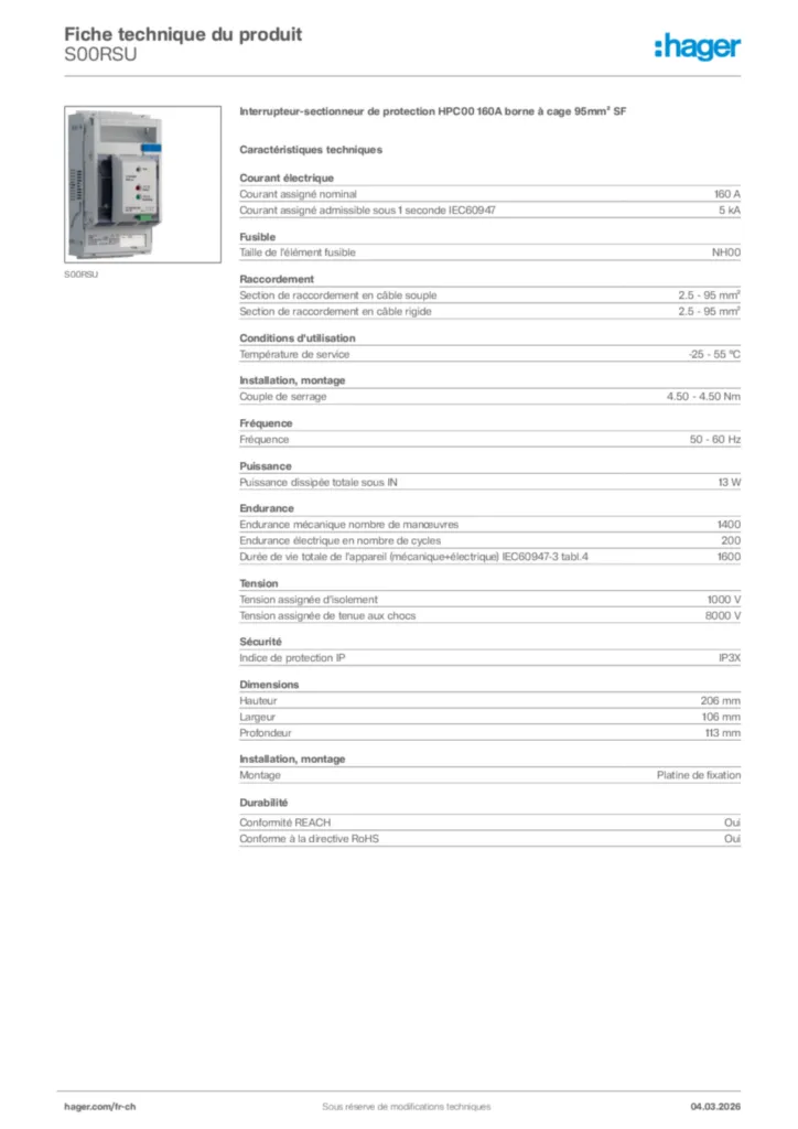 Image Hager Fiche technique du produit S00RSU | Hager Suisse