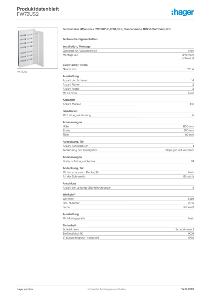 Bild Hager Produktdatenblatt FW72US2 | Hager Deutschland