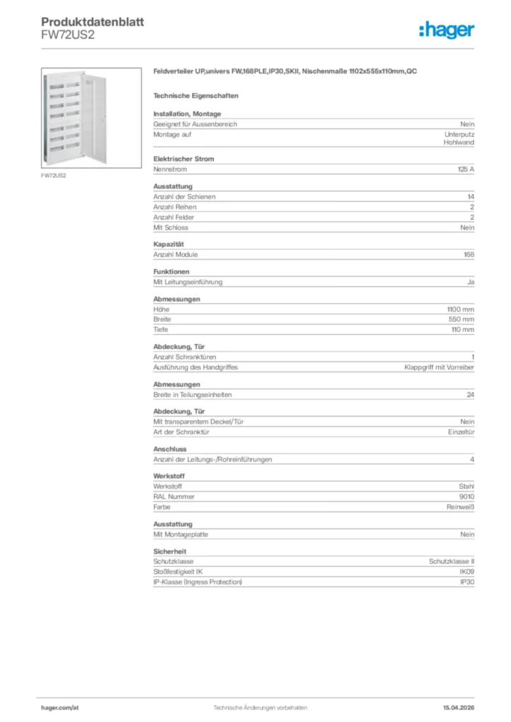 Bild Hager Produktdatenblatt FW72US2 | Hager Deutschland