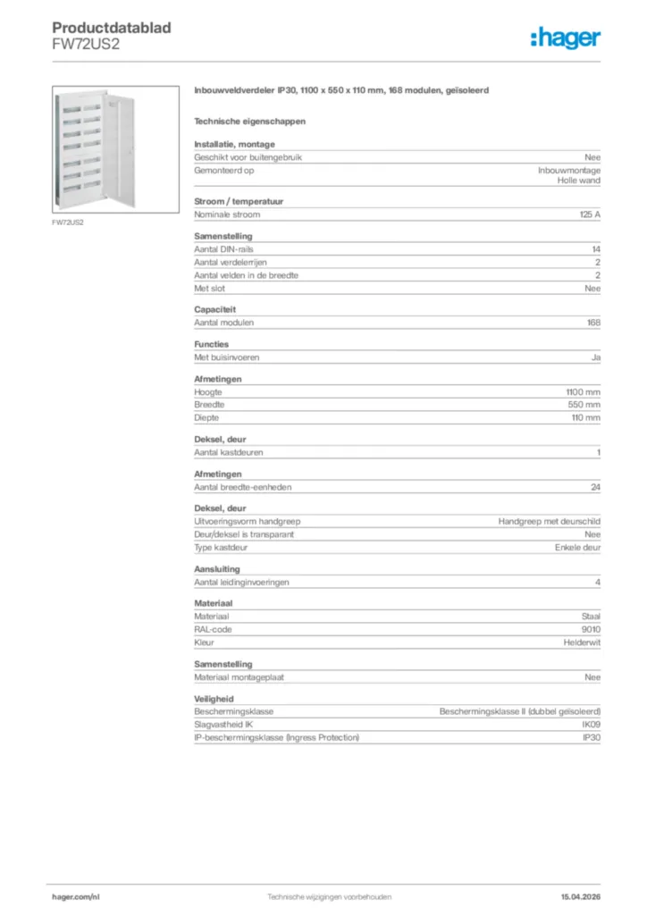 Afbeelding Hager Productdatablad FW72US2 | Hager Nederland