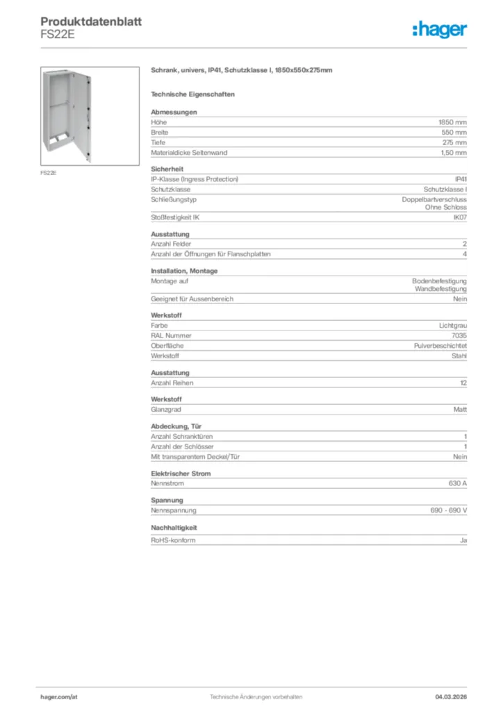 Bild Hager Produktdatenblatt FS22E | Hager Deutschland