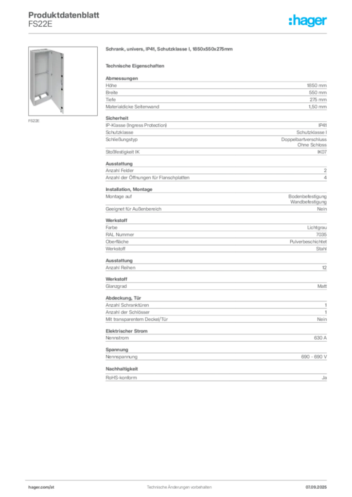 Bild Hager Produktdatenblatt FS22E | Hager Deutschland
