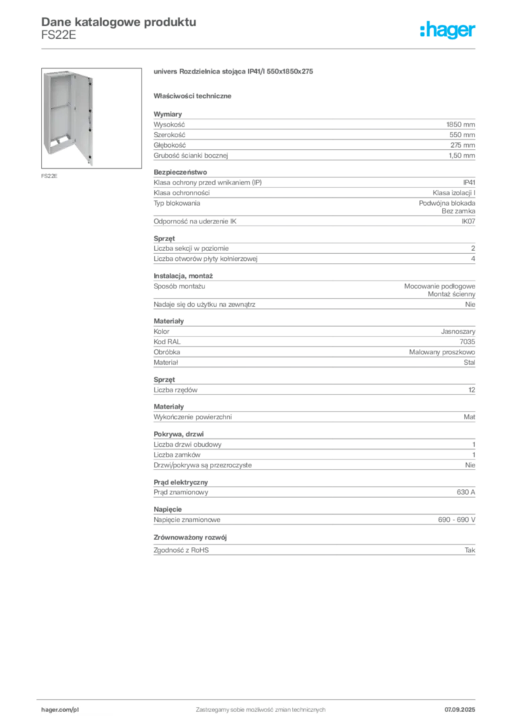 Zdjęcie Hager Dane katalogowe produktu FS22E | Hager Polska