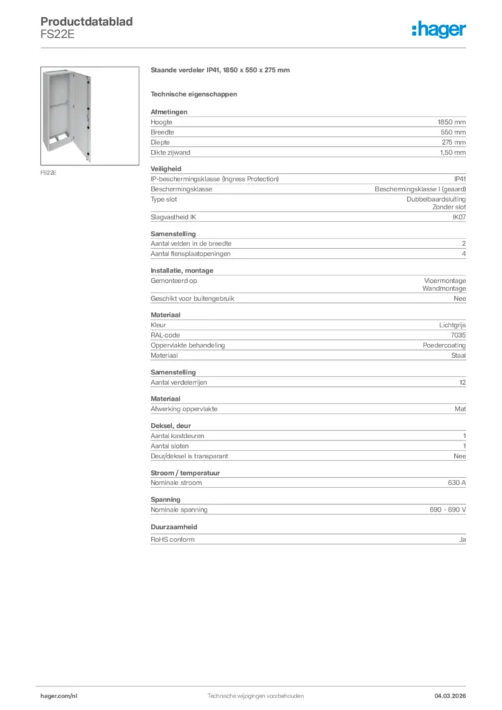 Afbeelding Hager Productdatablad FS22E | Hager Nederland