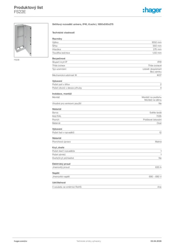 Obrázek Hager Product data sheet FS22E | Hager