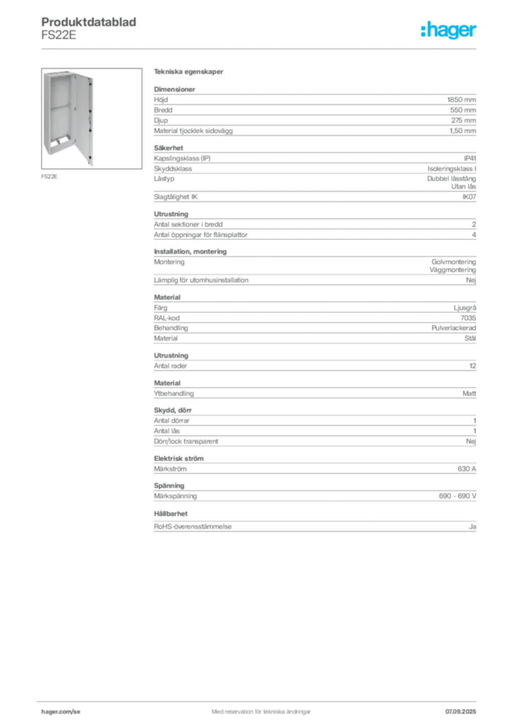 Bild Hager Produktdatablad FS22E | Hager Sverige
