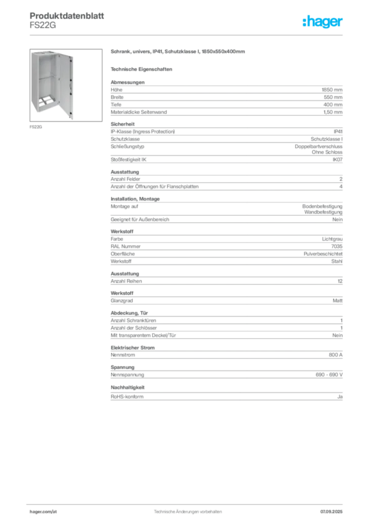 Bild Hager Produktdatenblatt FS22G | Hager Deutschland