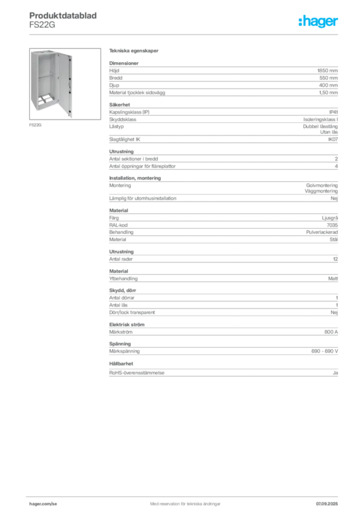 Bild Hager Produktdatablad FS22G | Hager Sverige