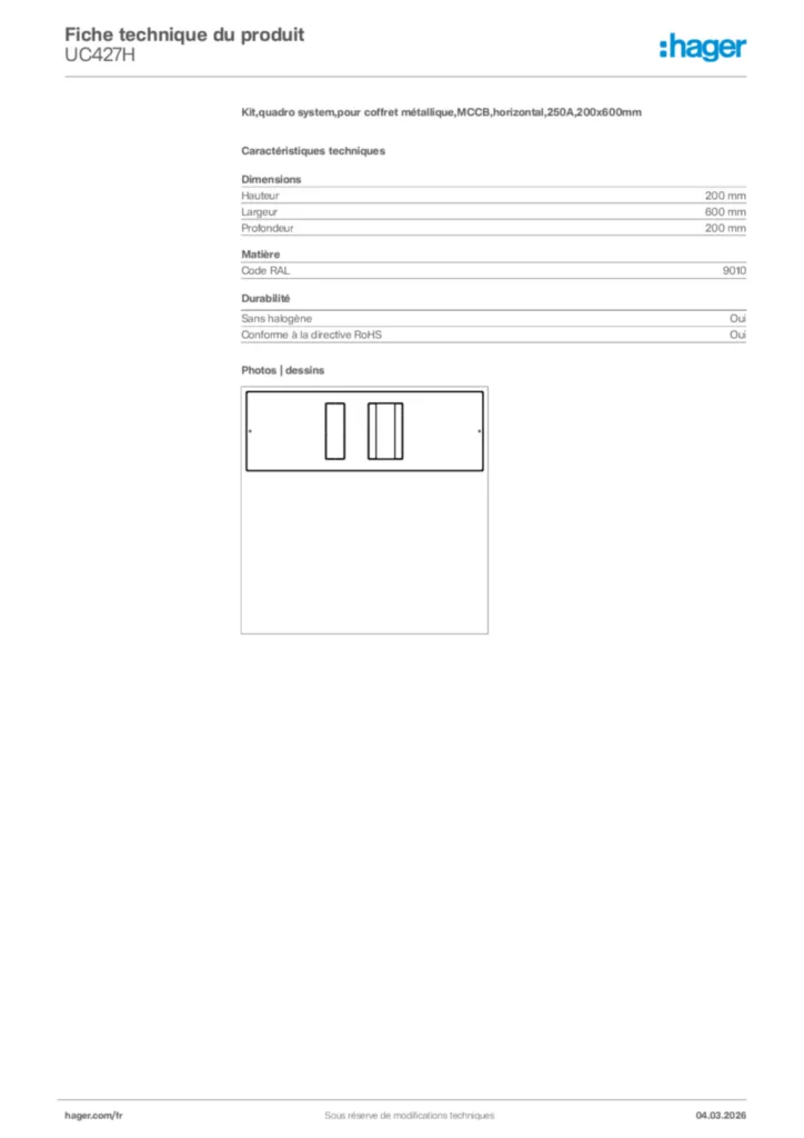 Image Hager Fiche technique du produit UC427H | Hager France