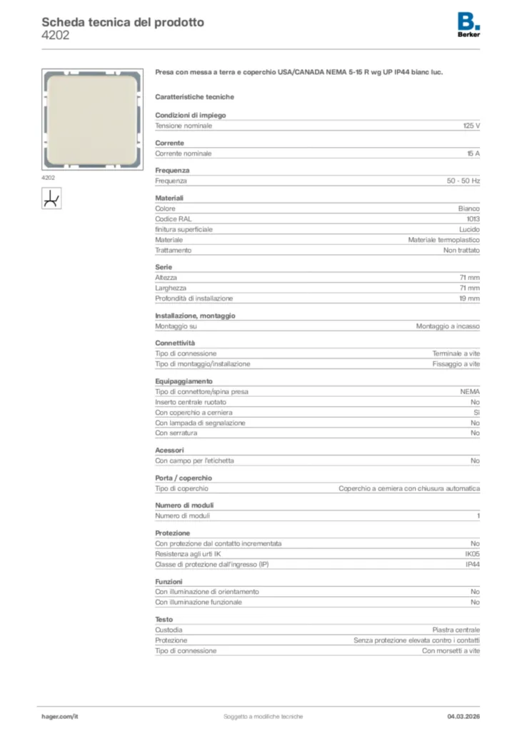 Immagine Berker Scheda tecnica del prodotto 4202 | Hager Italia