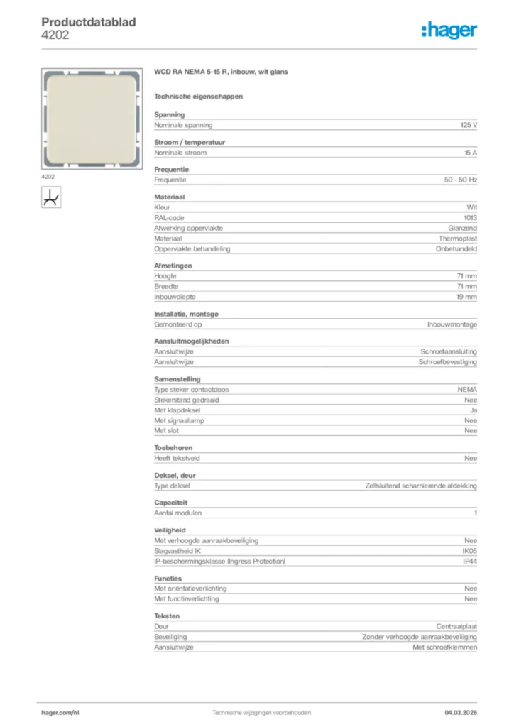 Afbeelding Hager Productdatablad 4202 | Hager Nederland