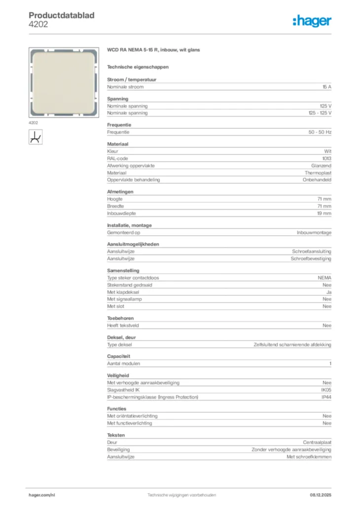 Afbeelding Hager Productdatablad 4202 | Hager Nederland