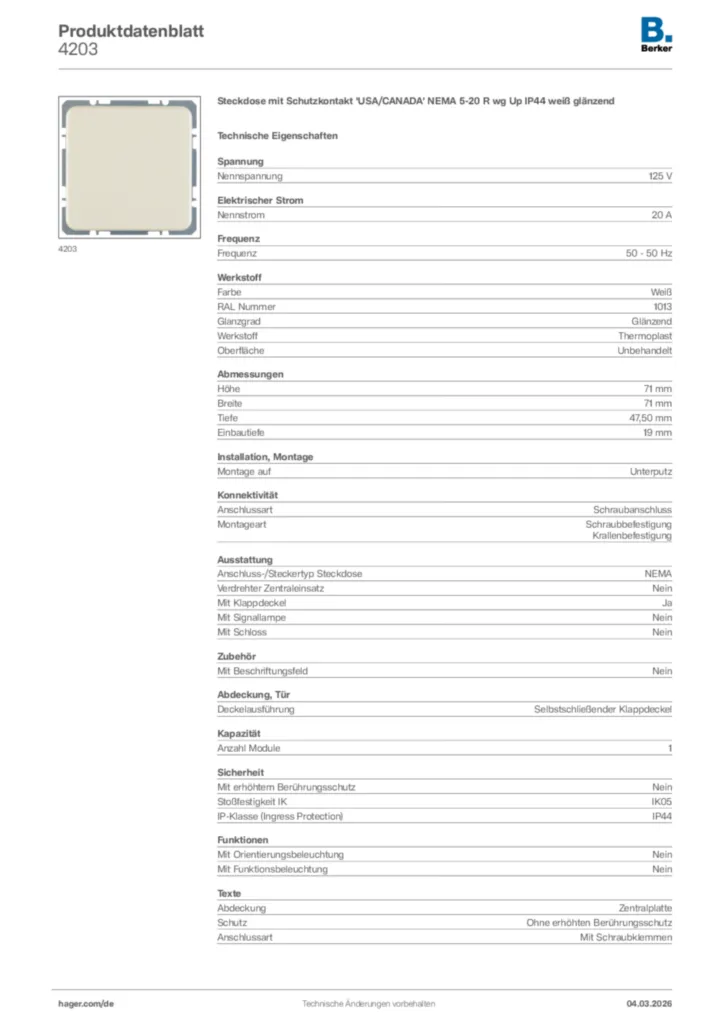 Bild Berker Produktdatenblatt 4203 | Hager Deutschland