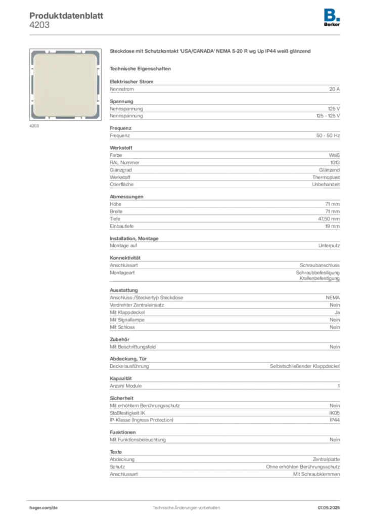 Bild Berker Produktdatenblatt 4203 | Hager Deutschland