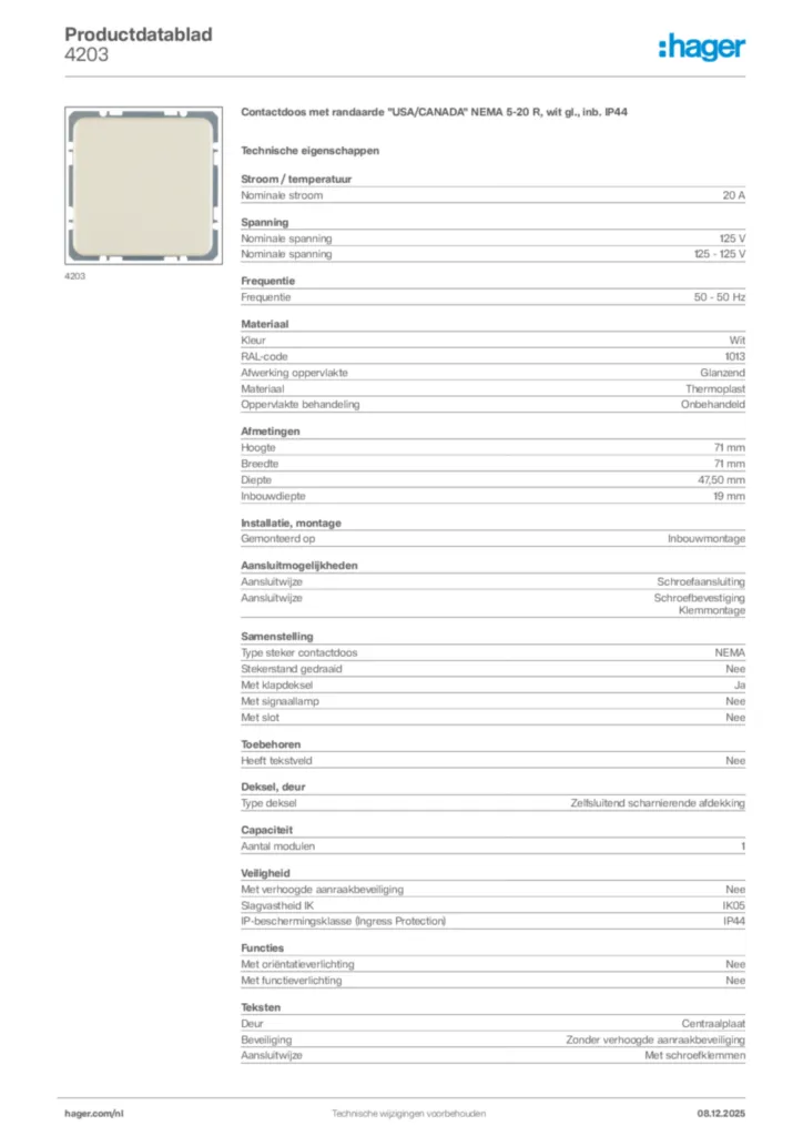 Afbeelding Hager Productdatablad 4203 | Hager Nederland