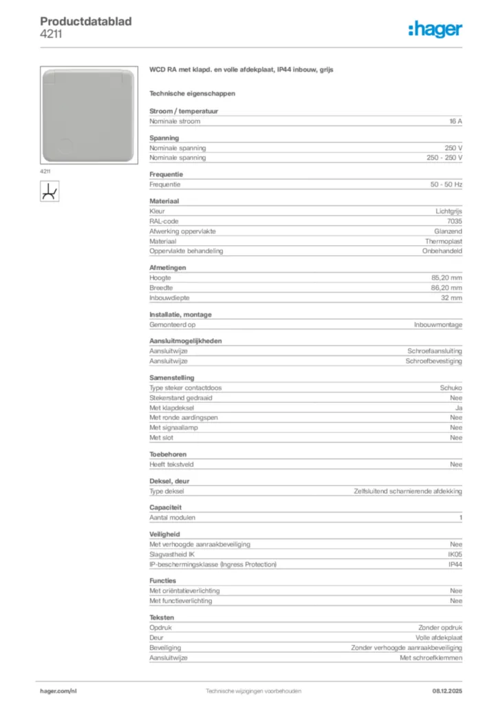 Afbeelding Hager Productdatablad 4211 | Hager Nederland