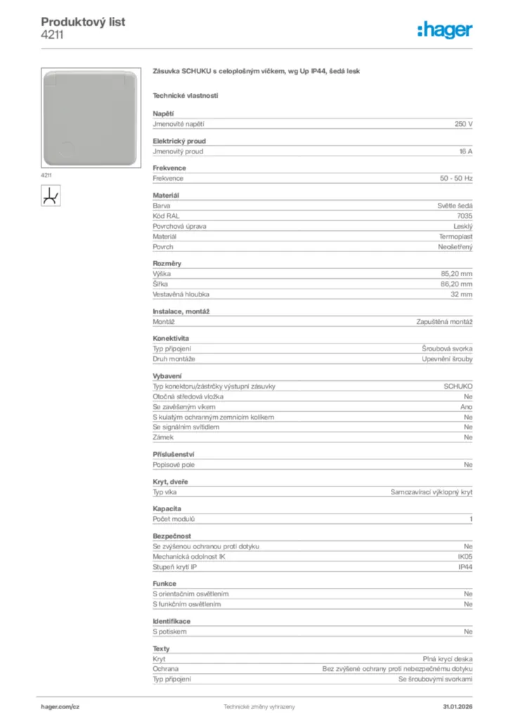 Obrázek Hager Product data sheet 4211 | Hager