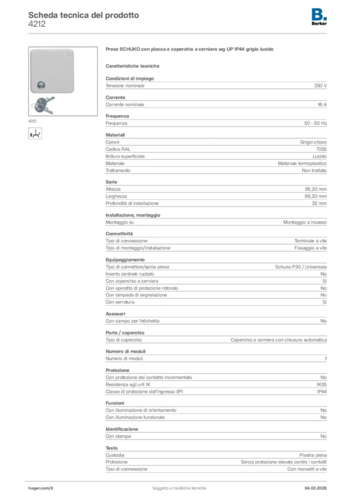 Immagine Berker Scheda tecnica del prodotto 4212 | Hager Italia