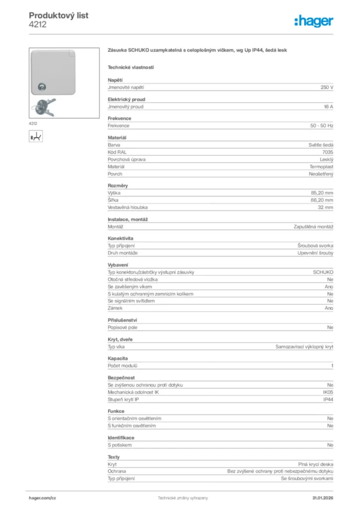 Obrázek Hager Product data sheet 4212 | Hager
